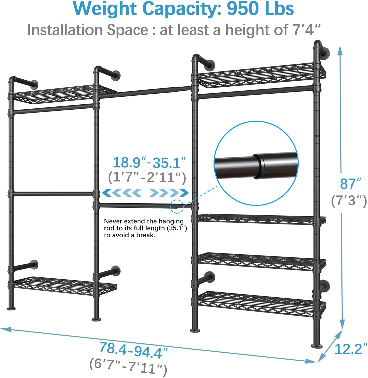 Timate F3 Garment Rack Heavy Duty Clothes Rack for Hanging Clothes, Expandable Industrial Pipe Wall