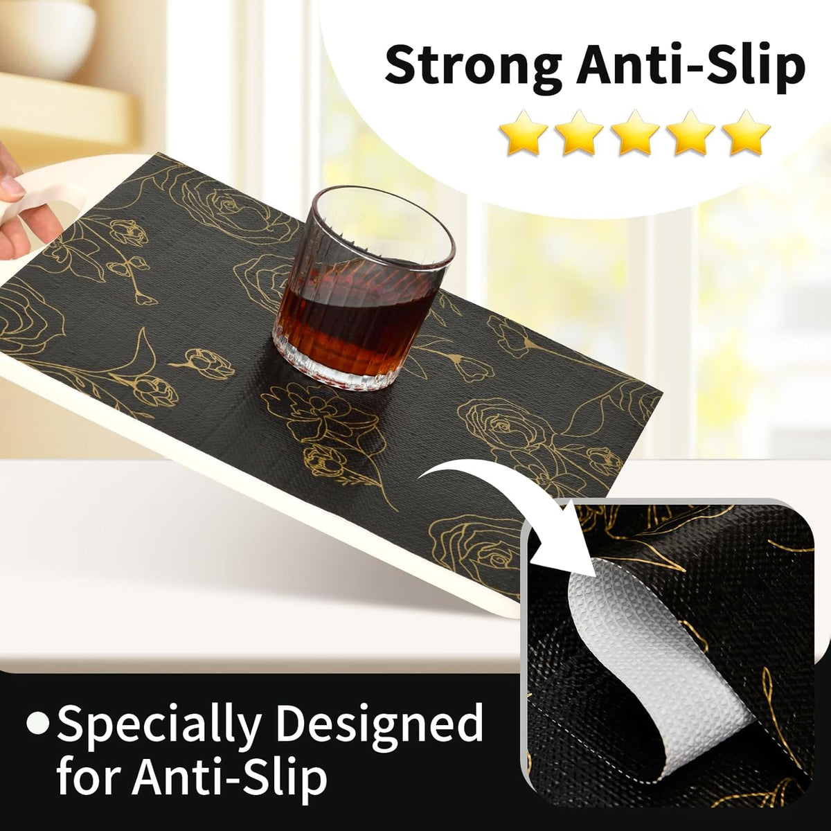 Shelf Liners for Kitchen Cabinets 12in x 20FT Non Adhesive Drawer Liner Black Floral Thickened