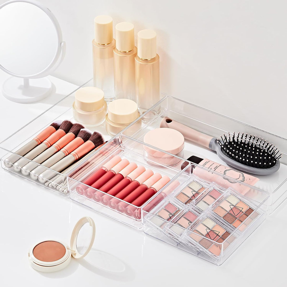 SMARTAKE 6 PCS Clear Plastic Drawer Organizers Set, Large Size Non-Slip Desk Drawer Organizer