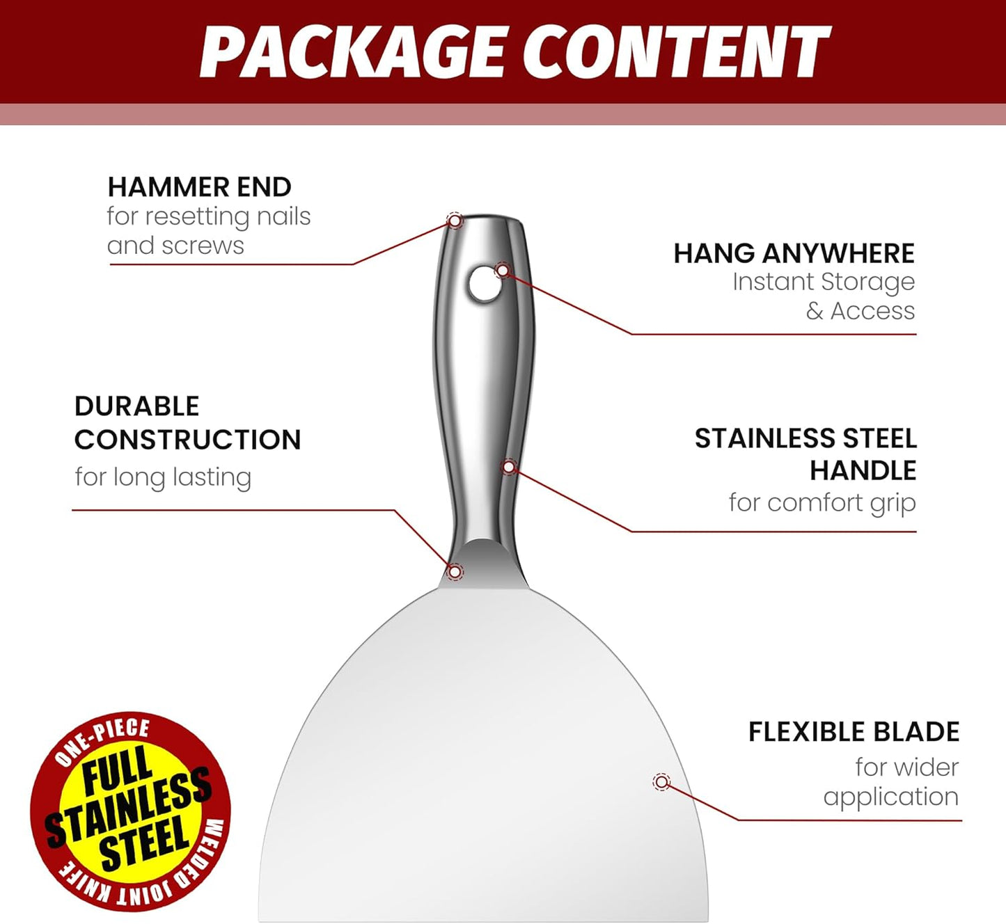 Putty Knife 6 Inch,One Piece Premium Polished All-Stainless Steel Scraper Tool for Drywall