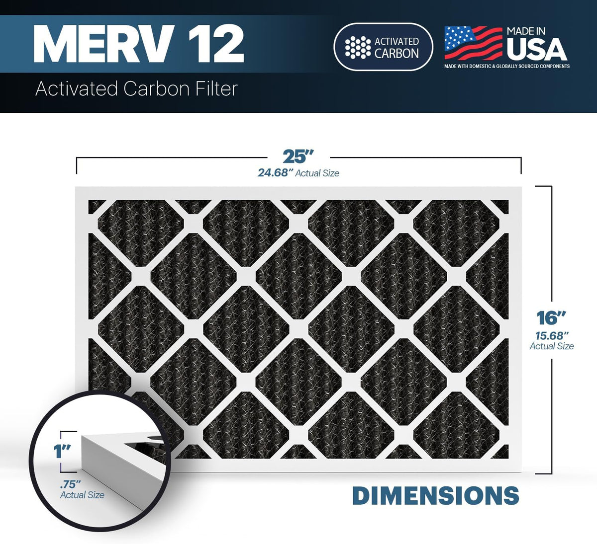 BNX TruFilter 16x25x1 MERV 12 Odor Defense (2-Pack) AC Furnace Air Filter with Activated Carbon