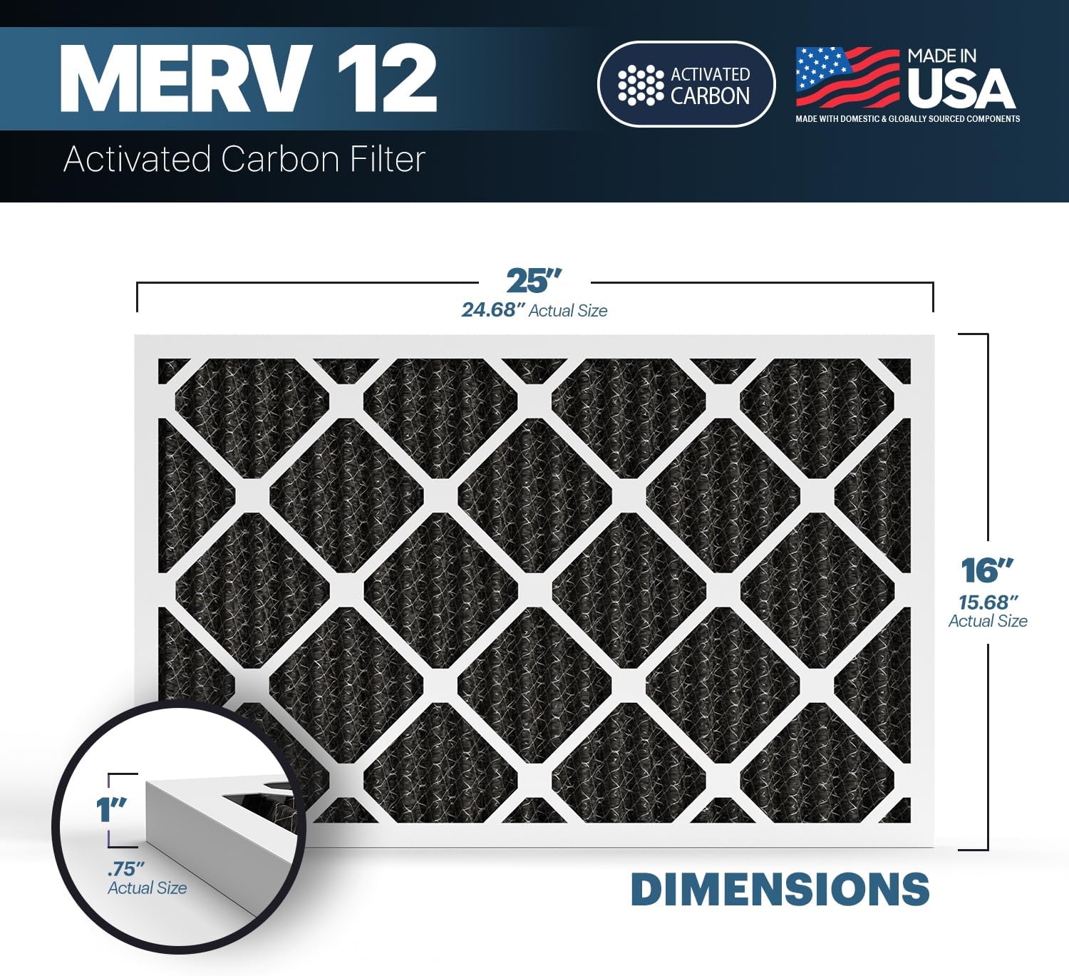 BNX TruFilter 16x25x1 MERV 12 Odor Defense (4-Pack) AC Furnace Air Filter with Activated Carbon