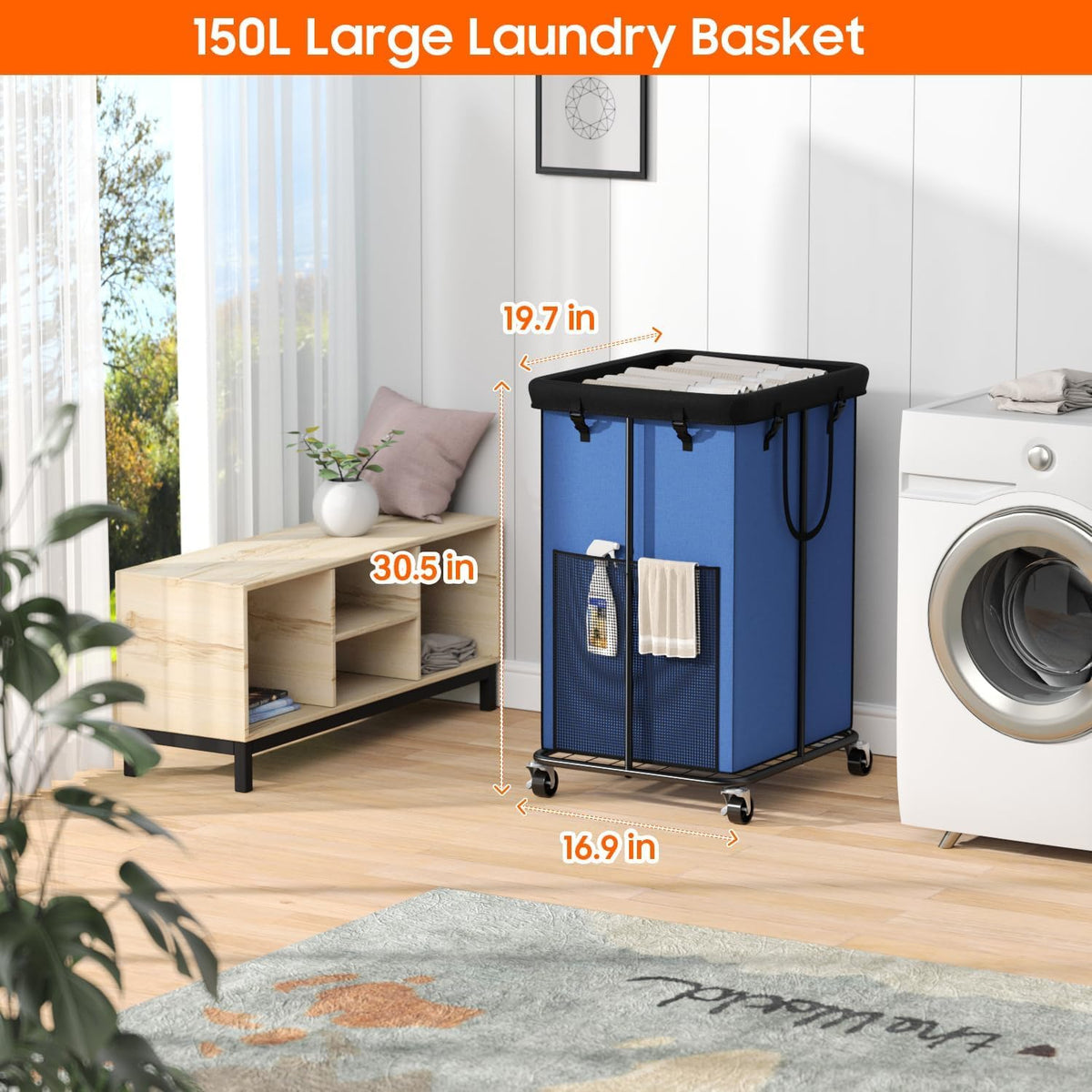 150L Laundry Hamper with Wheels, Rolling Laundry Basket with Metal Frame and Removable Bag, Large &