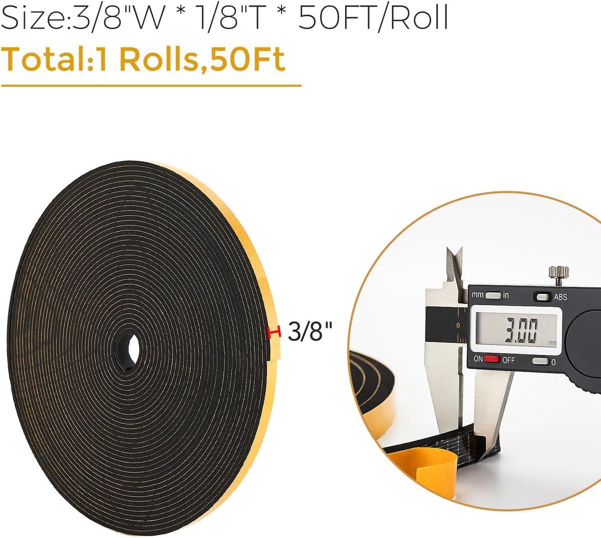 50 Feet Weather Stripping Door Seal, 3/8" Wide X 1/8" Thick Door Seal Strip High Density Foam Tape