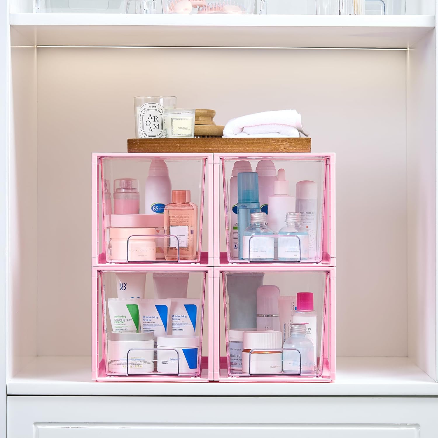 Vtopmart 4 Pack Large Stackable Storage Drawers,Pink,Easily Assemble Acrylic Bathroom Closet