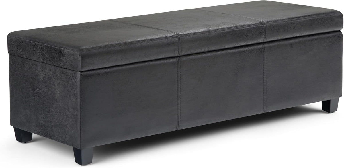 SIMPLIHOME Avalon 48 inch Wide Contemporary Rectangle Storage Ottoman Bench in Distressed Black