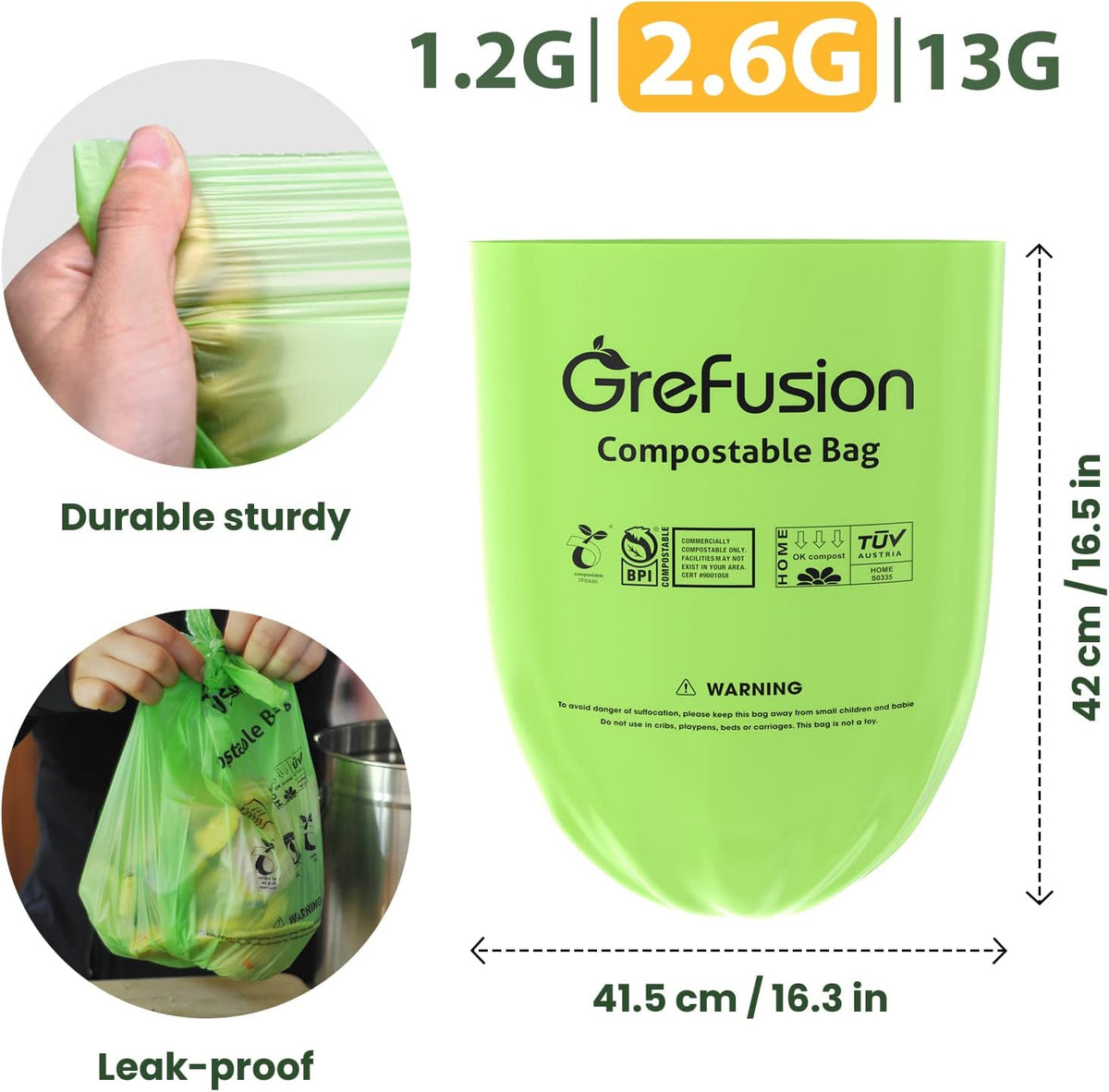 GreFusion Compostable Trash Bags, Small 2.6 Gallon, 270 Count, 0.72 Mils Thick, Eco Friendly, ASTM