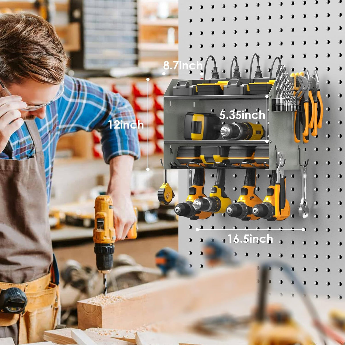 CCCEI Modular Power Tool Organizer Wall Mount with Charging Station. Garage 4 Drill Storage Shelf