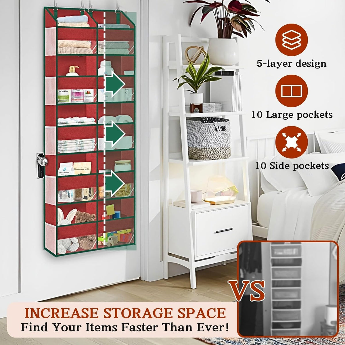 Over The Door Organizer 5 Tiers, Extra Large Behind Door Storage of 10 Compartments, 80 lbs Weight