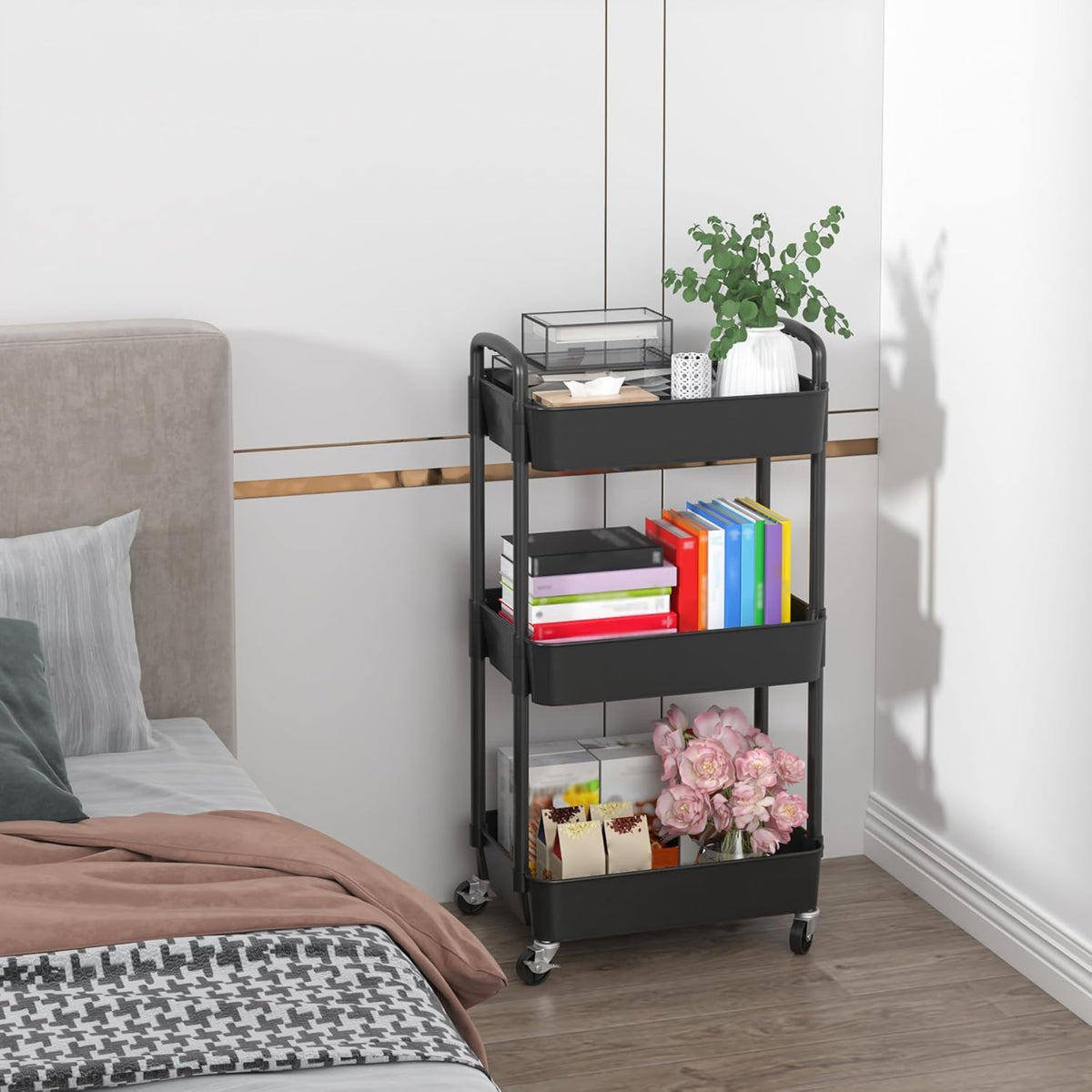 Sywhitta 3-Tier Plastic Rolling Utility Cart with Handle, Multi-Functional Storage Trolley for