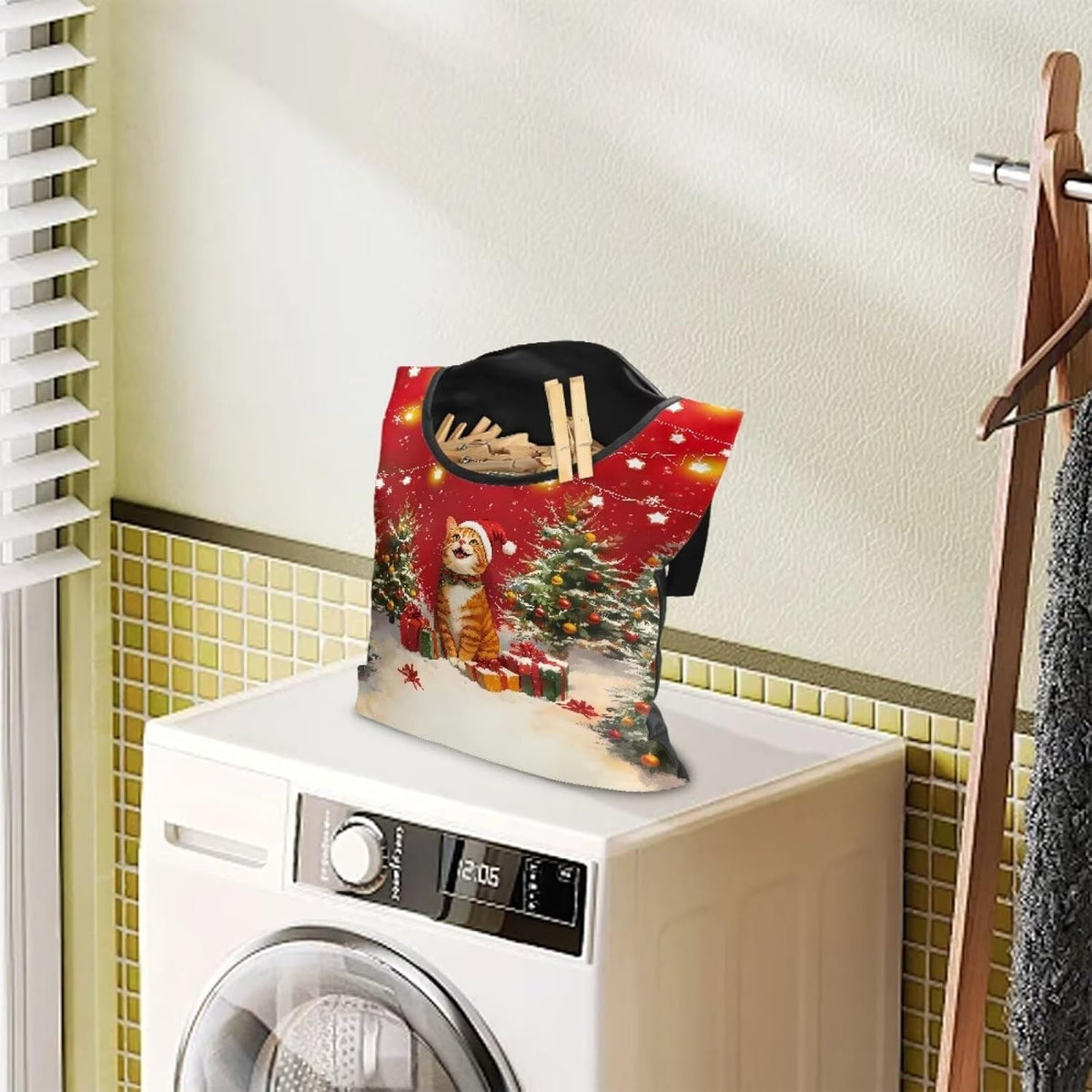 2025 Christmas Cat Waterproof Clothespin Bag with Hanging Rope - 14.5x12 Inch Storage Organizer for