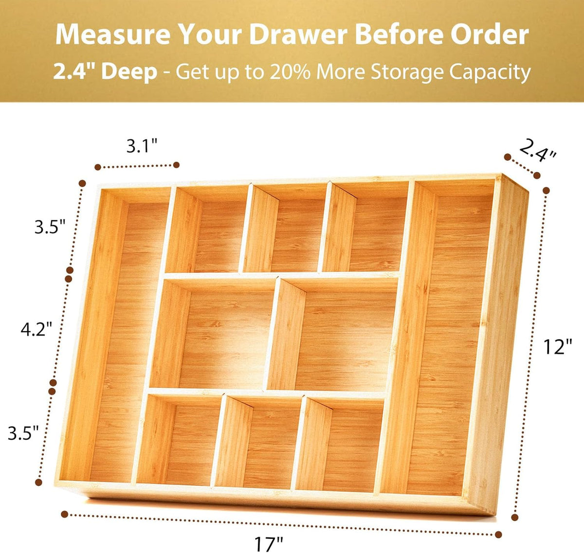 Umilife Extra Large Bamboo Desk Drawer Organizer, Wood Junk Organizer Tray with Adjustable