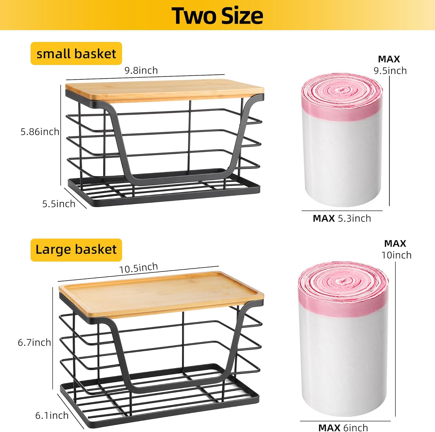 ALOCEO 2 Pack Storage Stackable Kitchen Laundry Organizers with Bamboo Top, Large Trash Bag Holder