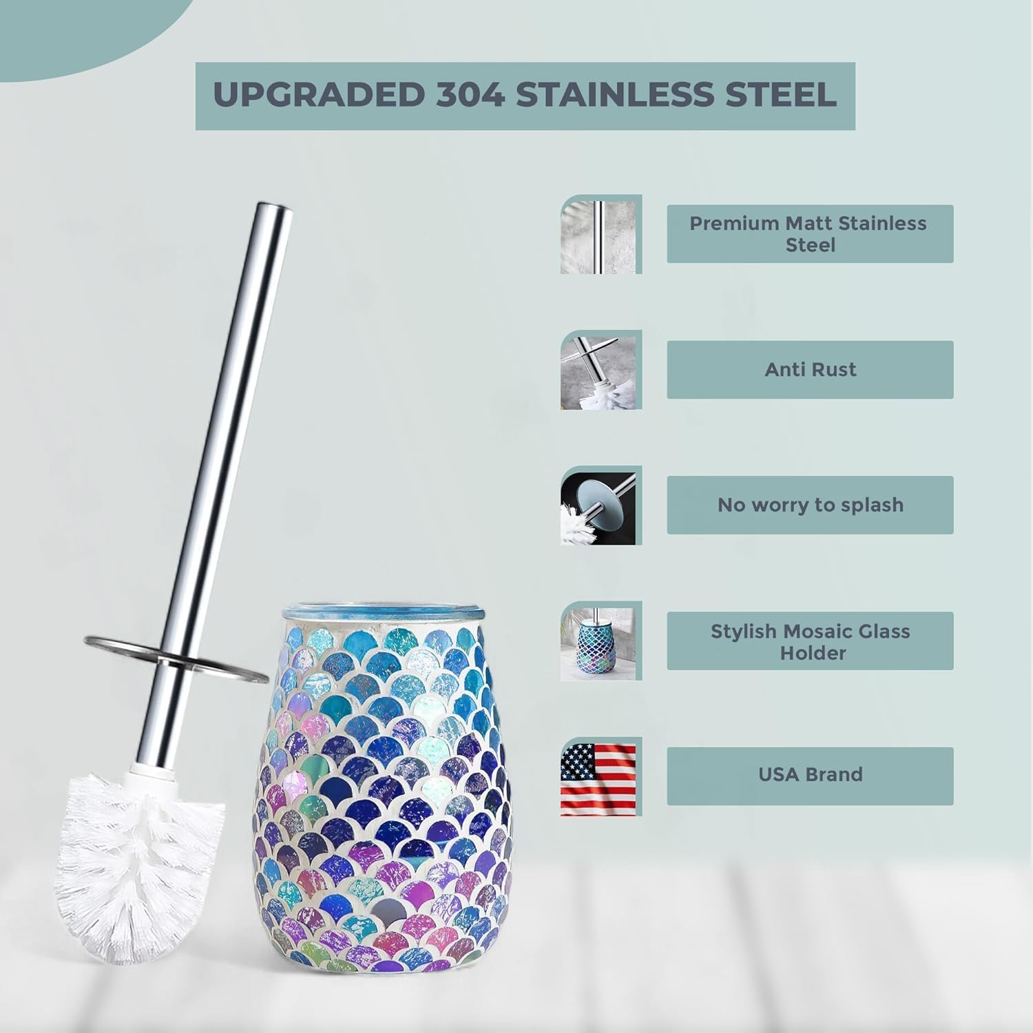 Escenzy Mermaid Bathroom Toilet Brush and Holder Set Mosaic Glass | Non-Rustic Stainless Steel |