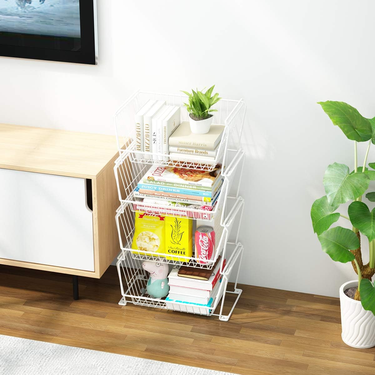 PUSDON Stackable Metal Storage Carts, Dual Use Shelf for Kitchen Fruit Vegetable Baskets with