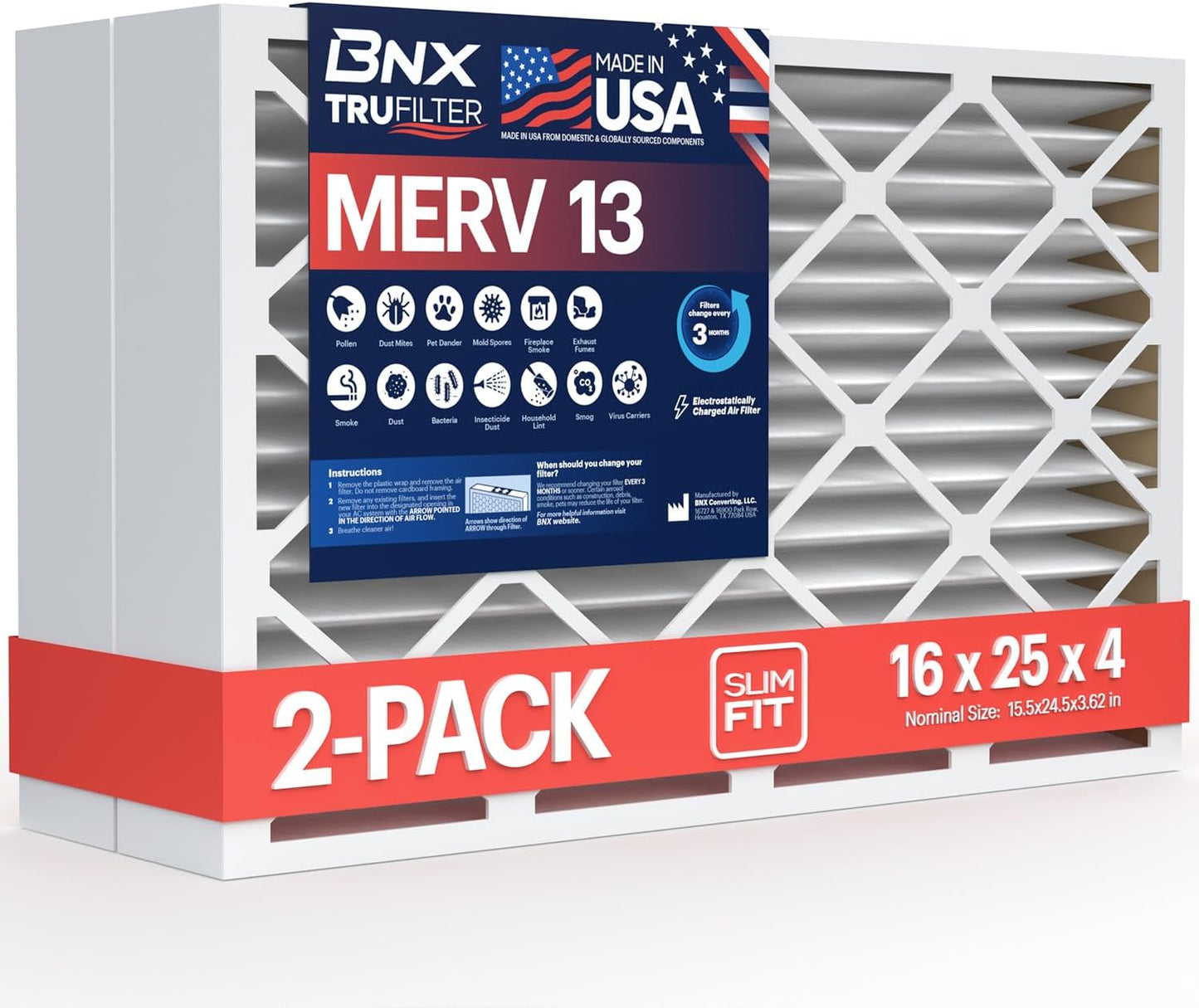 BNX TruFilter 16x25x4 (15.5’’ x 24.5’’ x 3.63‘’ Slim Fit) MERV 13 Air Filter (2-Pack) - MADE IN USA