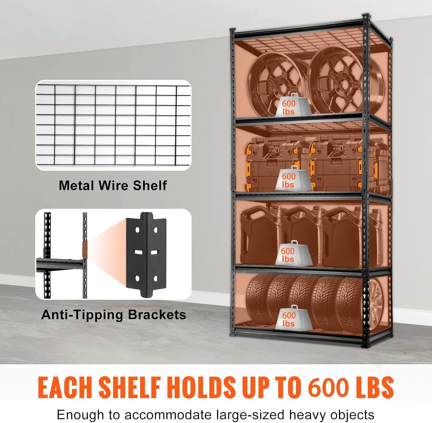 VEVOR Storage Shelving Unit, 5-Tier Adjustable, 2000 lbs Capacity, Heavy Duty Garage Shelves Metal