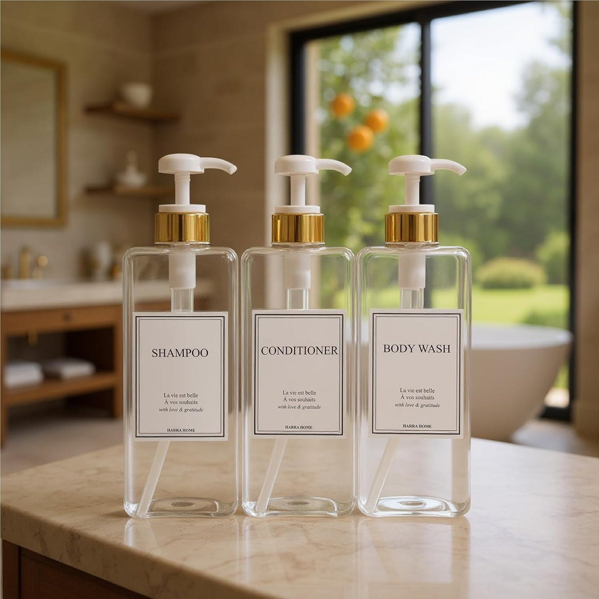 Modern Gold Design Large 27 oz Shampoo and Conditioner Dispensers - Empty Plastic Refillable Pump