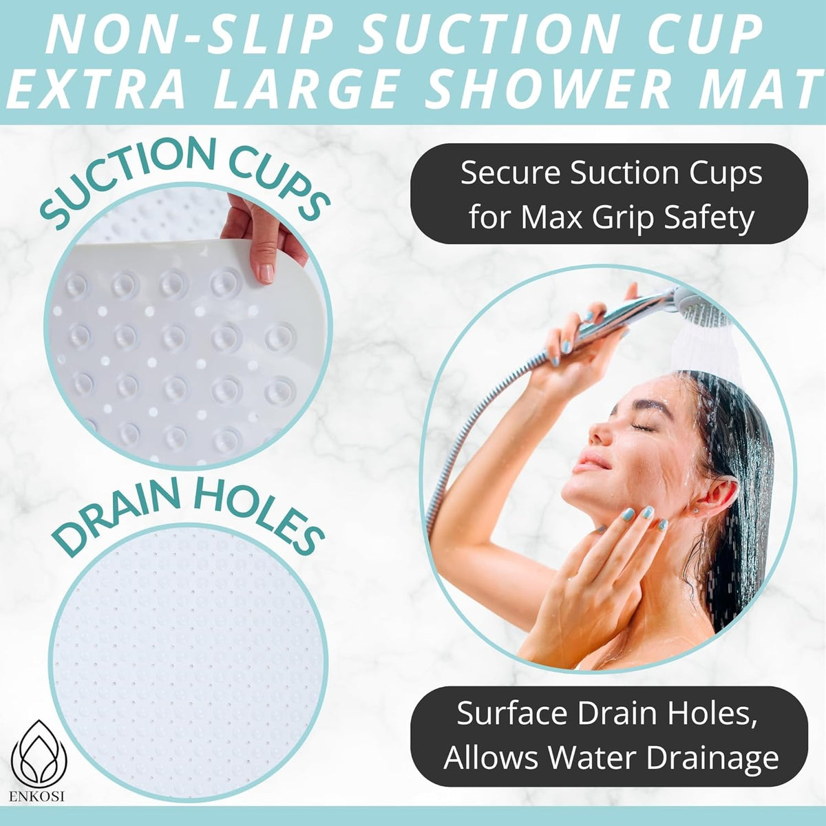 ENKOSI Extra Large Shower Mat Non Slip - 47 x 32 inch - XL Bathroom Shower Mat - Large Shower Matts
