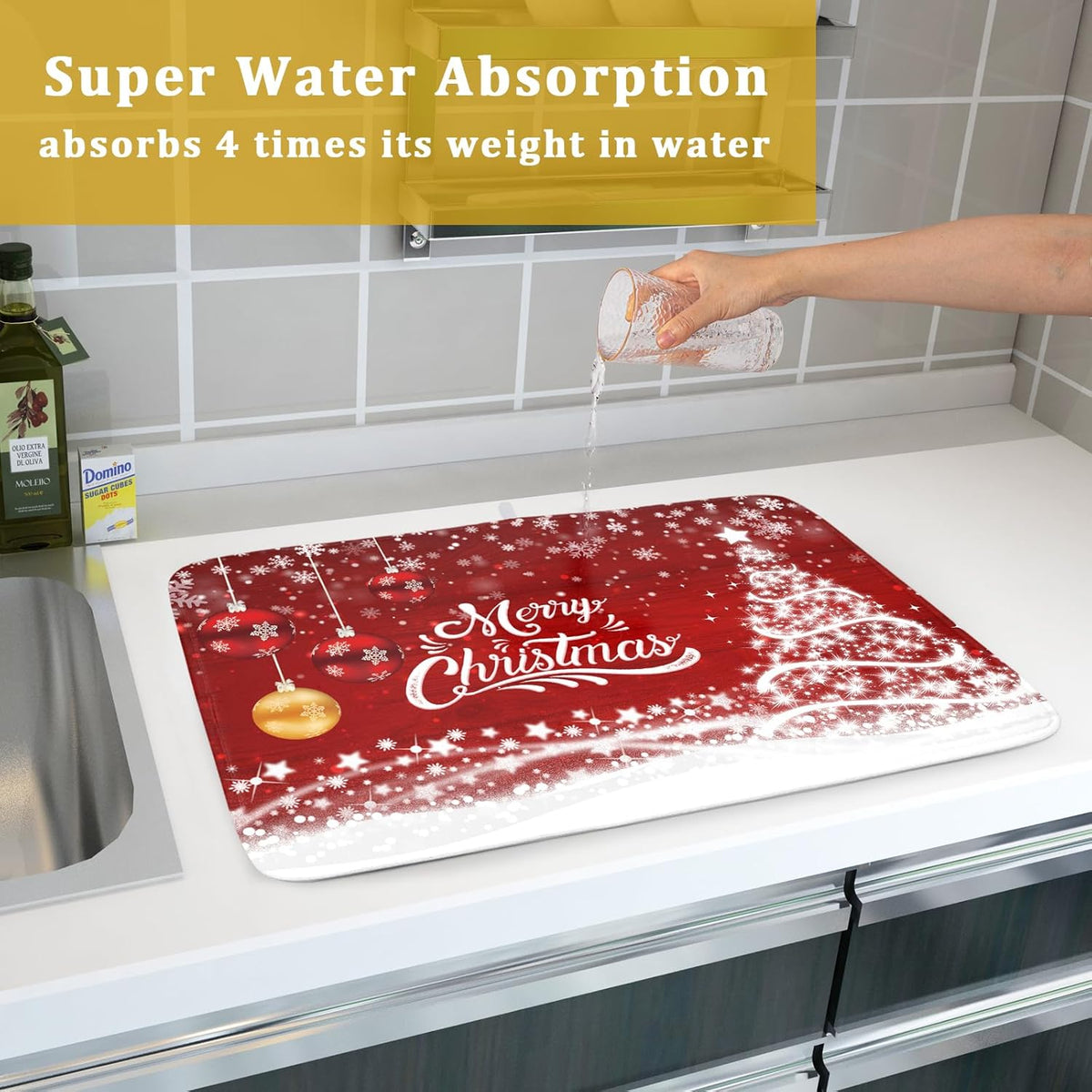 Merry Christmas Dish Drying Mat for Kitchen Counter Winter Snowflake Pine Fast Absorbent Red Drying