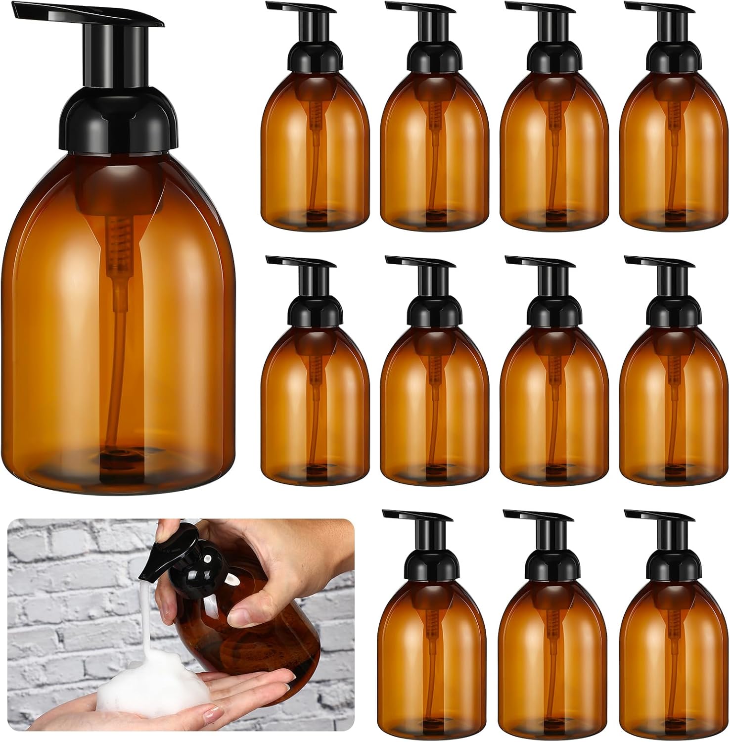 Uiifan 16 Pcs 17 oz Amber Foaming Soap Dispenser Refillable Foam Pump Bottle Liquid Plastic