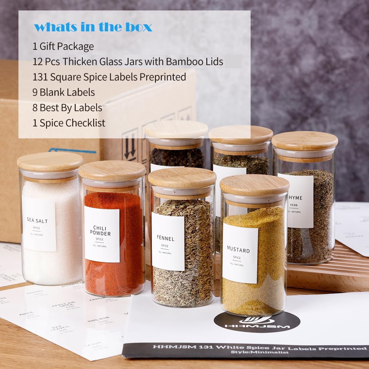 12 Pcs Glass Spice Jars With Bamboo Airtight Lids, 8oz Thicken(2.4mm) Spice Containers With 148