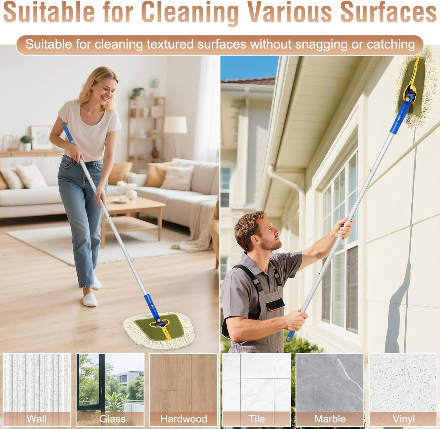Commercial Dust Mop for Hardwood Floors, Industrial Dry Mops with Replacement Wedge Cotton Mop Pads