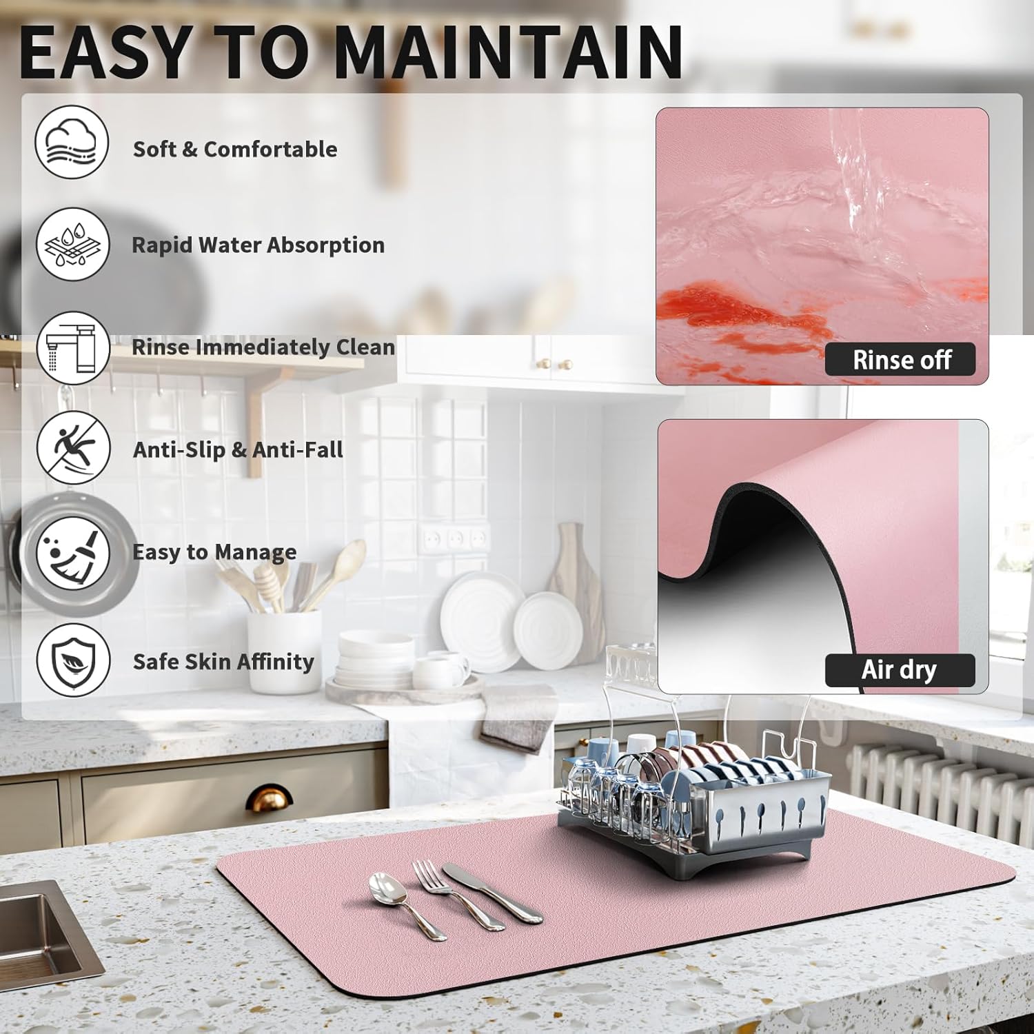 Dish Drying Mat for Kitchen Counter, Heat Resistant Drainer Mats with Non-slip Rubber Backed, Hide