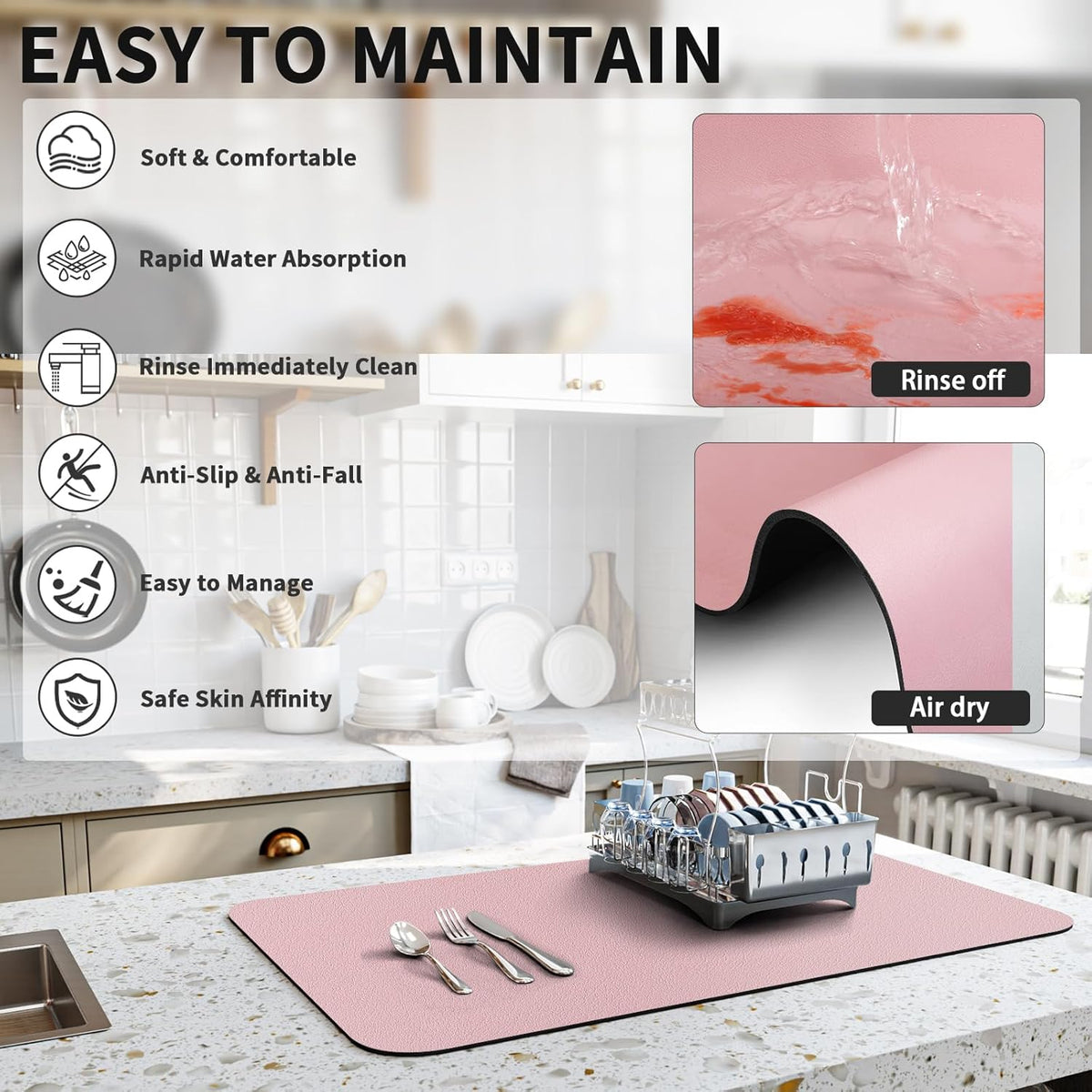 Dish Drying Mat for Kitchen Counter, Heat Resistant Drainer Mats with Non-slip Rubber Backed, Hide