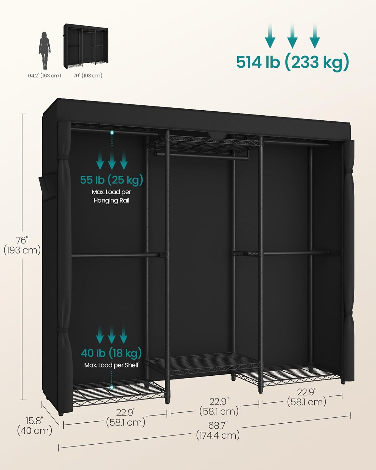 SONGMICS Heavy-Duty Clothes Rack, Garment Rack, Portable Closet, 68.7-Inch Wide Clothing Rack with