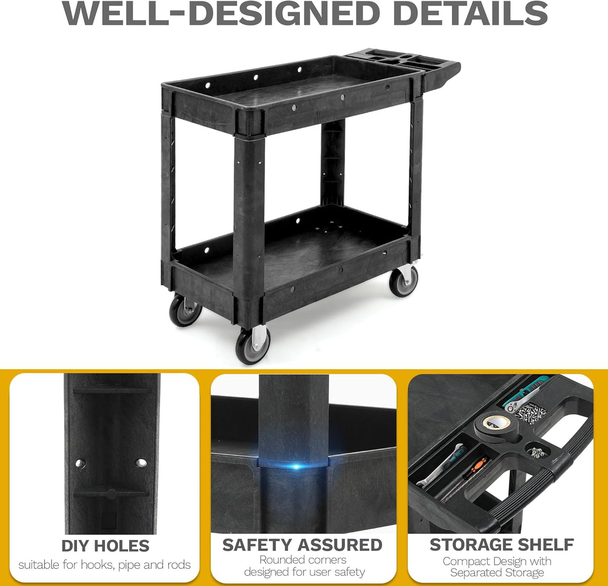 DWVO Utility Cart, 1000 lbs Capacity, 2 Shelf Heavy Duty Plastic Service Utility Cart on Wheels