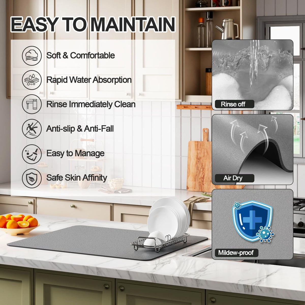 Dish Drying Mat for Kitchen Counter | Coffee Bar Mat for Countertops | Heat Resistant Drainer Mat