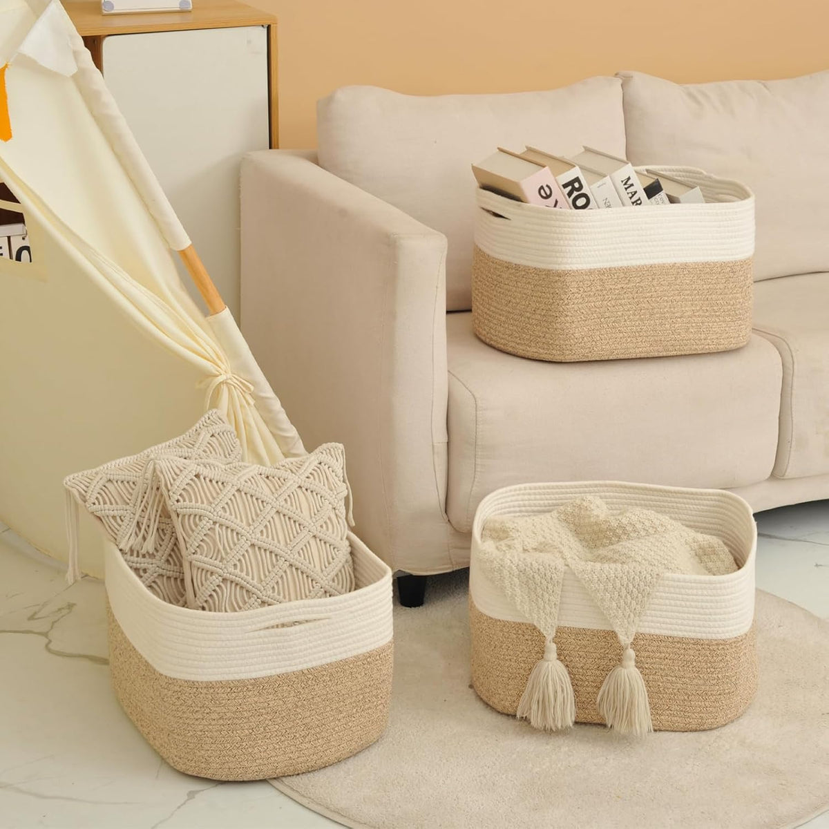 Large Storage Baskets for Organizing Shelves, Woven Cotton Rope Bins for Baby Nursery Organization