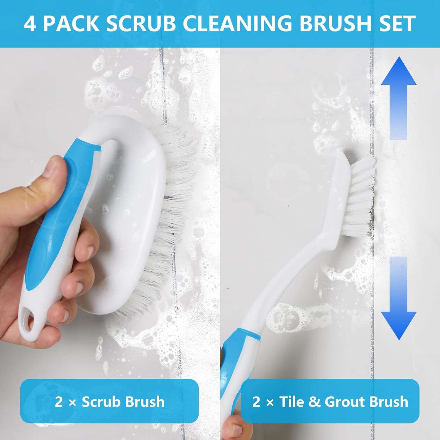 Scrub Brush Set, 4 Pack Deep Cleaning Brush Kit - 2 Scrub Brush, 2 Tile & Grout Brush with Built-in