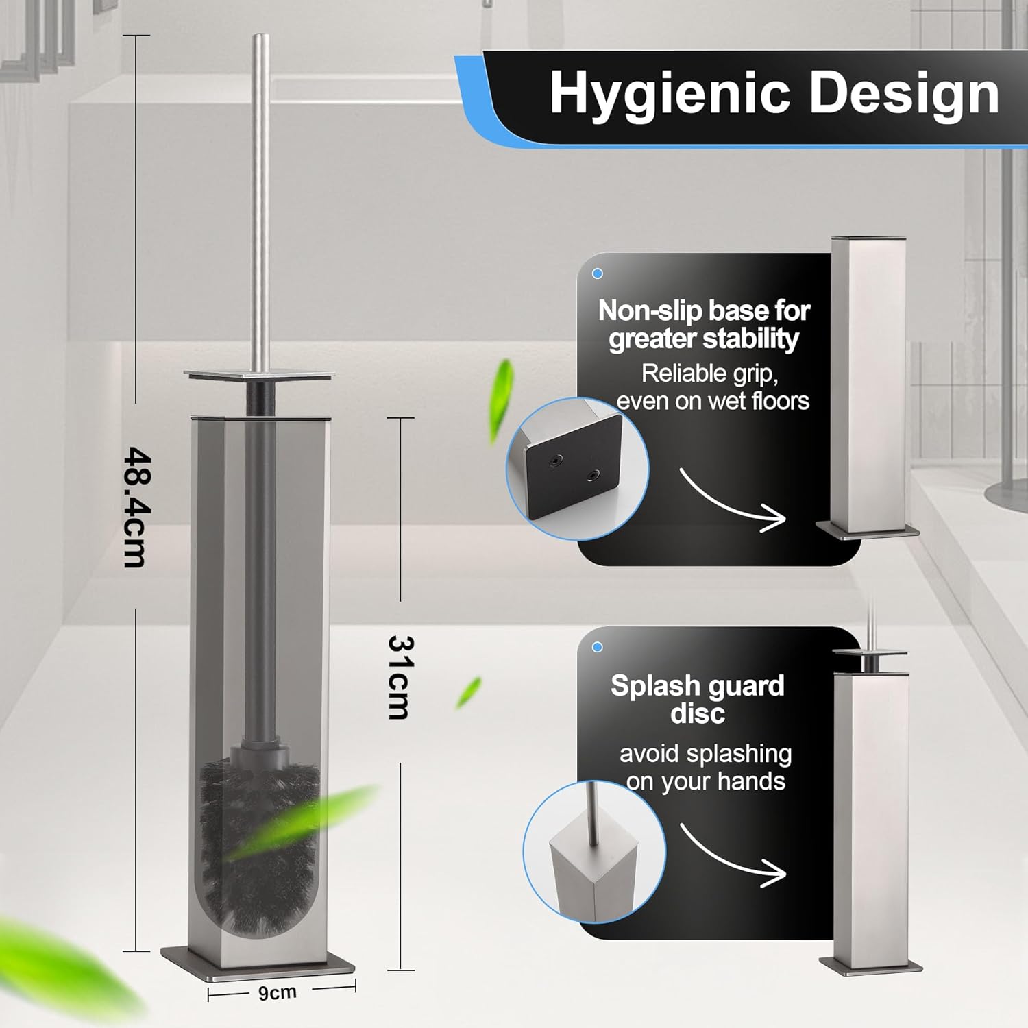 BVL Toilet Brush and Holder Set Brushed Nickel Stainless Steel 304 Square Freestanding Toilet Brush