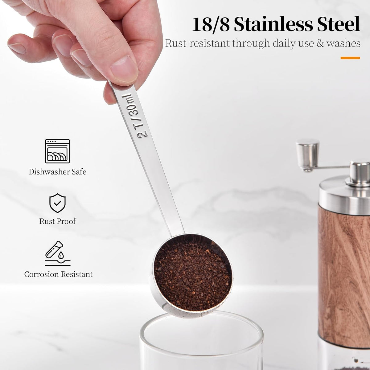 Long Handle Coffee Scoop: 5.98 Inch 18/8 Stainless Steel 2 Tablespoon Metal Measuring Spoon Tbsp