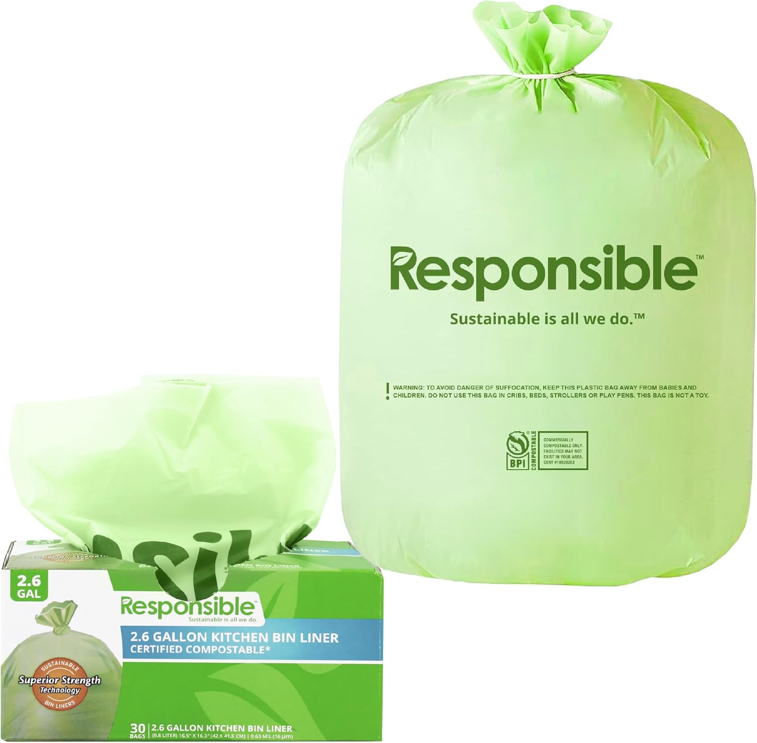 Responsible Products Kitchen Bin Liners, Certified Compostable, Heavy Duty Multipurpose Food Scrap