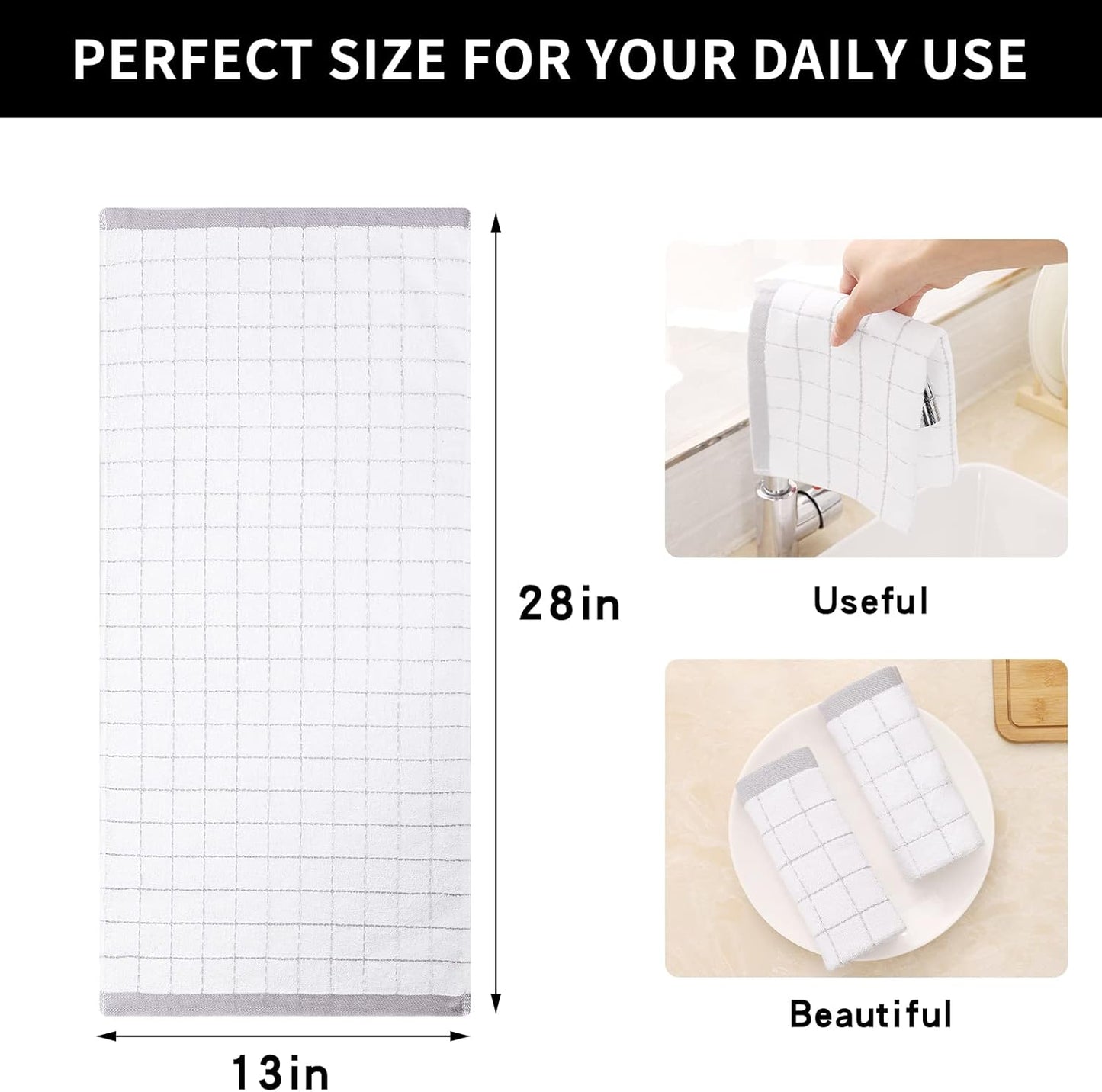 Homaxy 100% Cotton Terry Kitchen Towels(White, 13 x 28 inches), Checkered Designed, Soft and Super