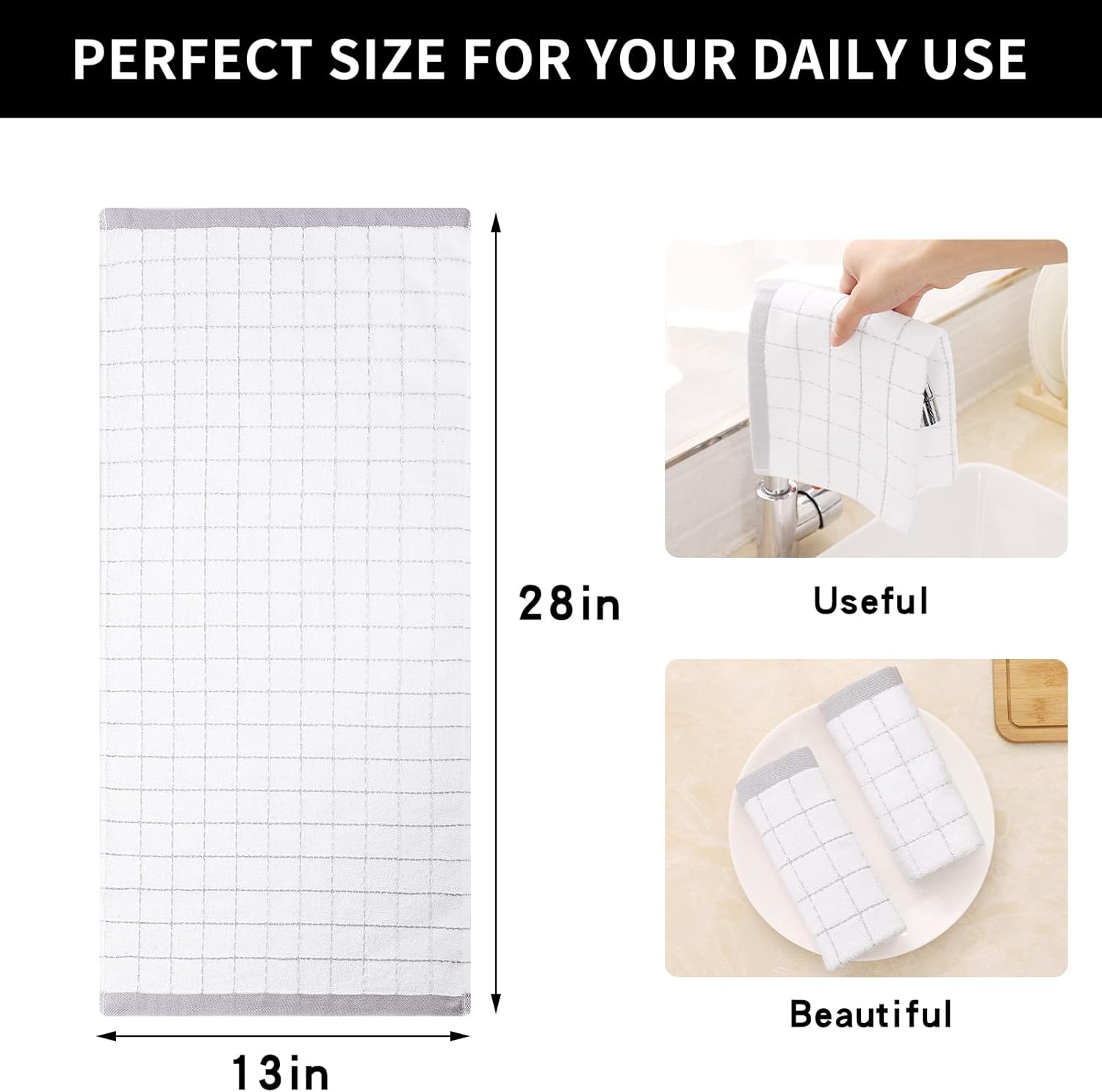 Homaxy 100% Cotton Terry Kitchen Towels(White, 13 x 28 inches), Checkered Designed, Soft and Super