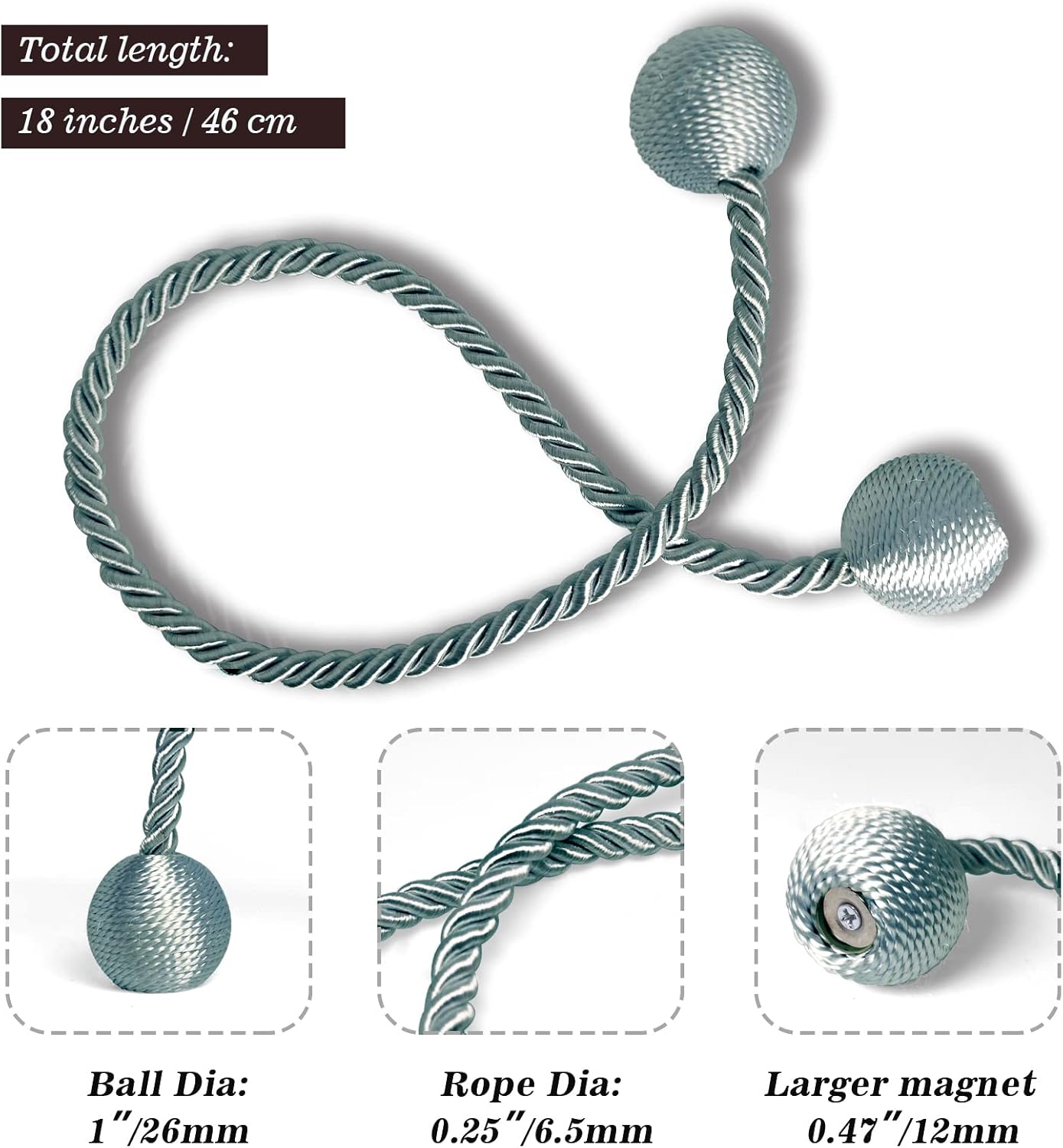 Hion Magnetic Curtain Tiebacks Gray Blue 4 Pack, Curtain Tiebacks Buckles Holdbacks Holders Hooks