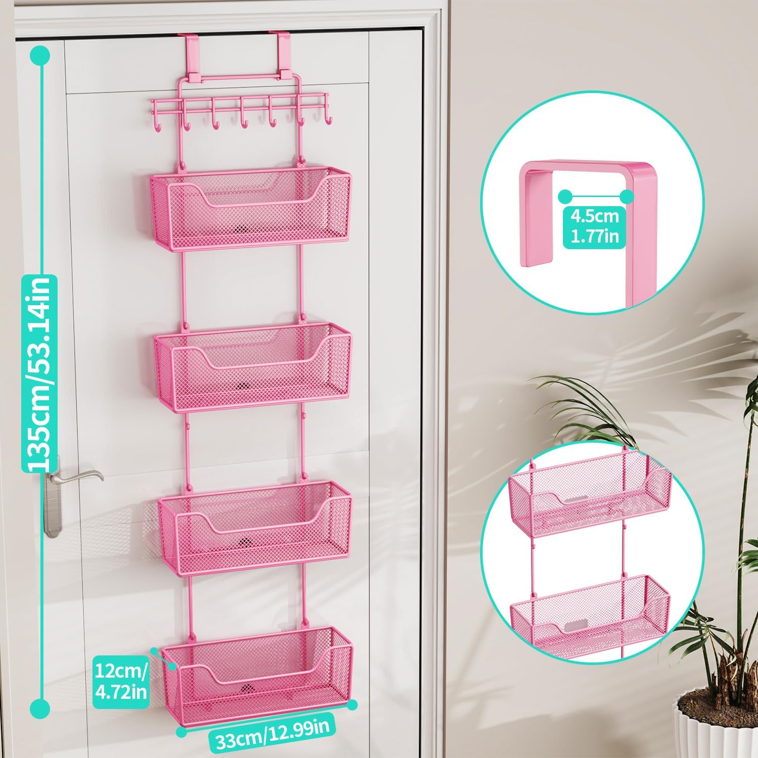 HapiRm Over Door Organizer Storage - Hanging Door Organizer with 4 Metal Large Capacity Baskets and