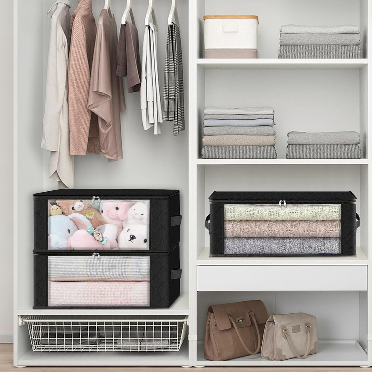 HomeHacks Storage 3-Pack Clothes Organizer Storage Bags Foldable Storage Box with Large Clear
