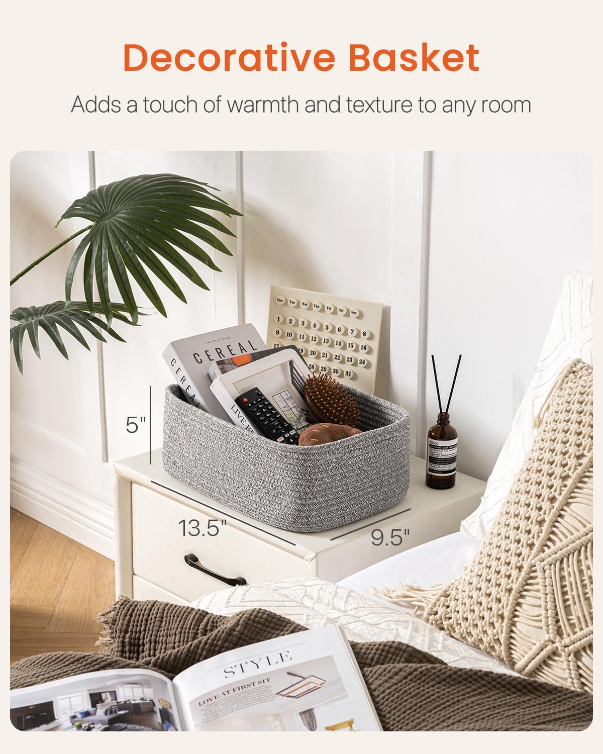 Small Woven Basket, 13.5 x 9.5 x 5 Inches, Storage Basket for Organizing, Cute Small Rope Shelf
