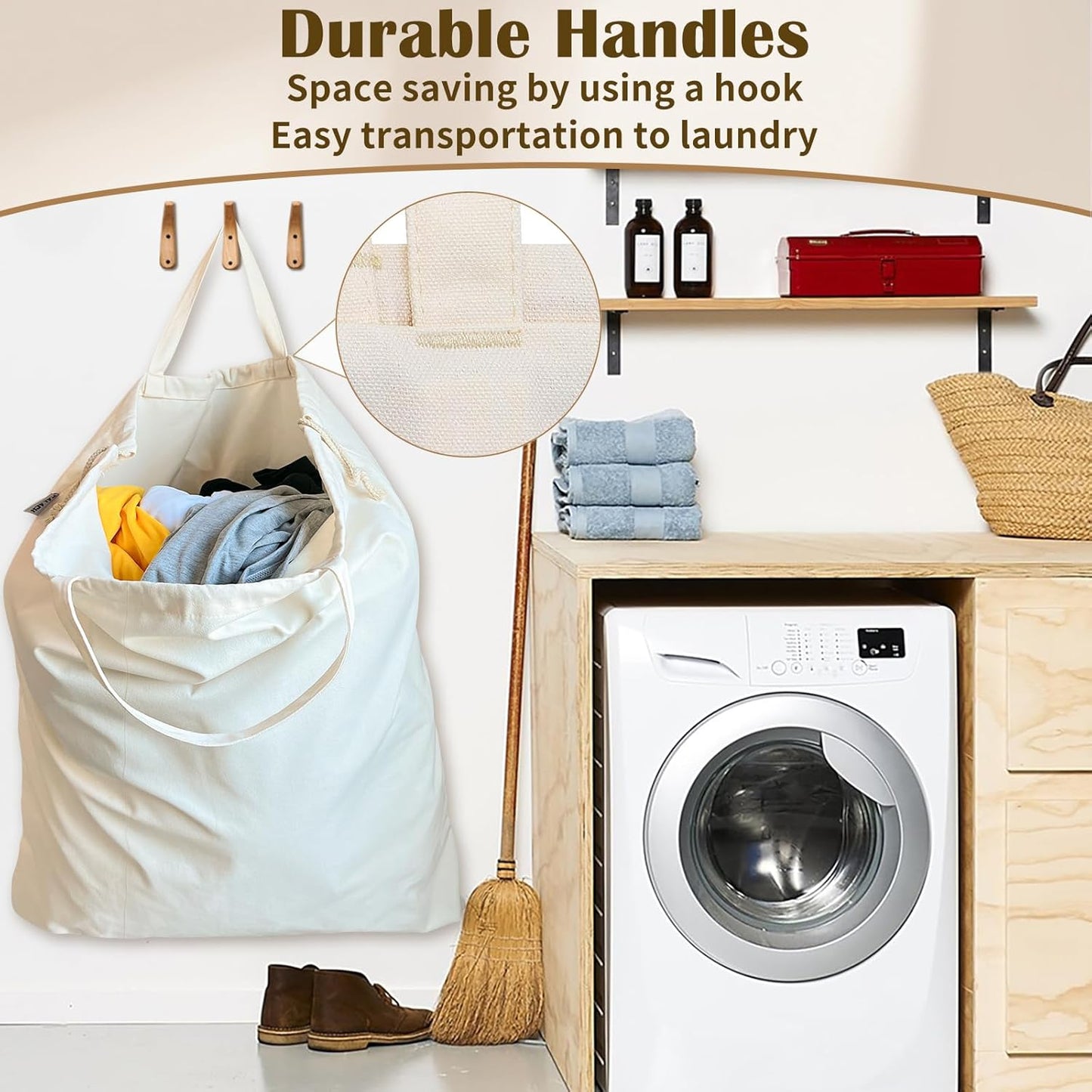 Canvas Laundry Bag 40in x 35in, Thick Cotton Laundry Bag with Handles & Drawstring, Extra Large