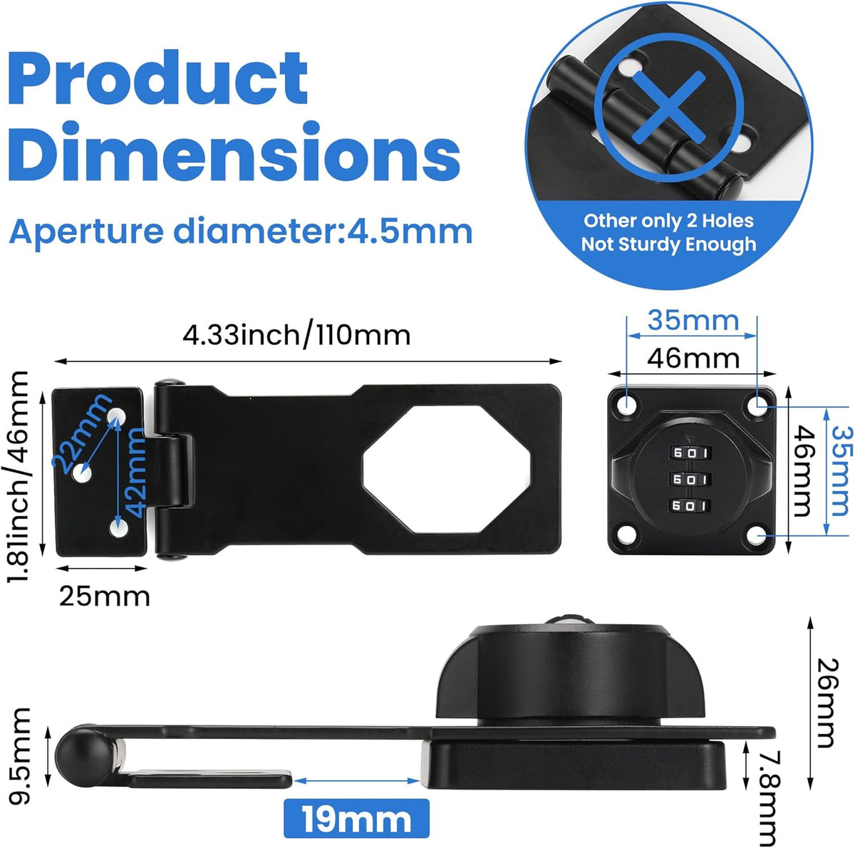 Keyless Cabinet Lock with Combination Code - 3-Digit Password Hasp Latch Lock for Drawers, Bifold