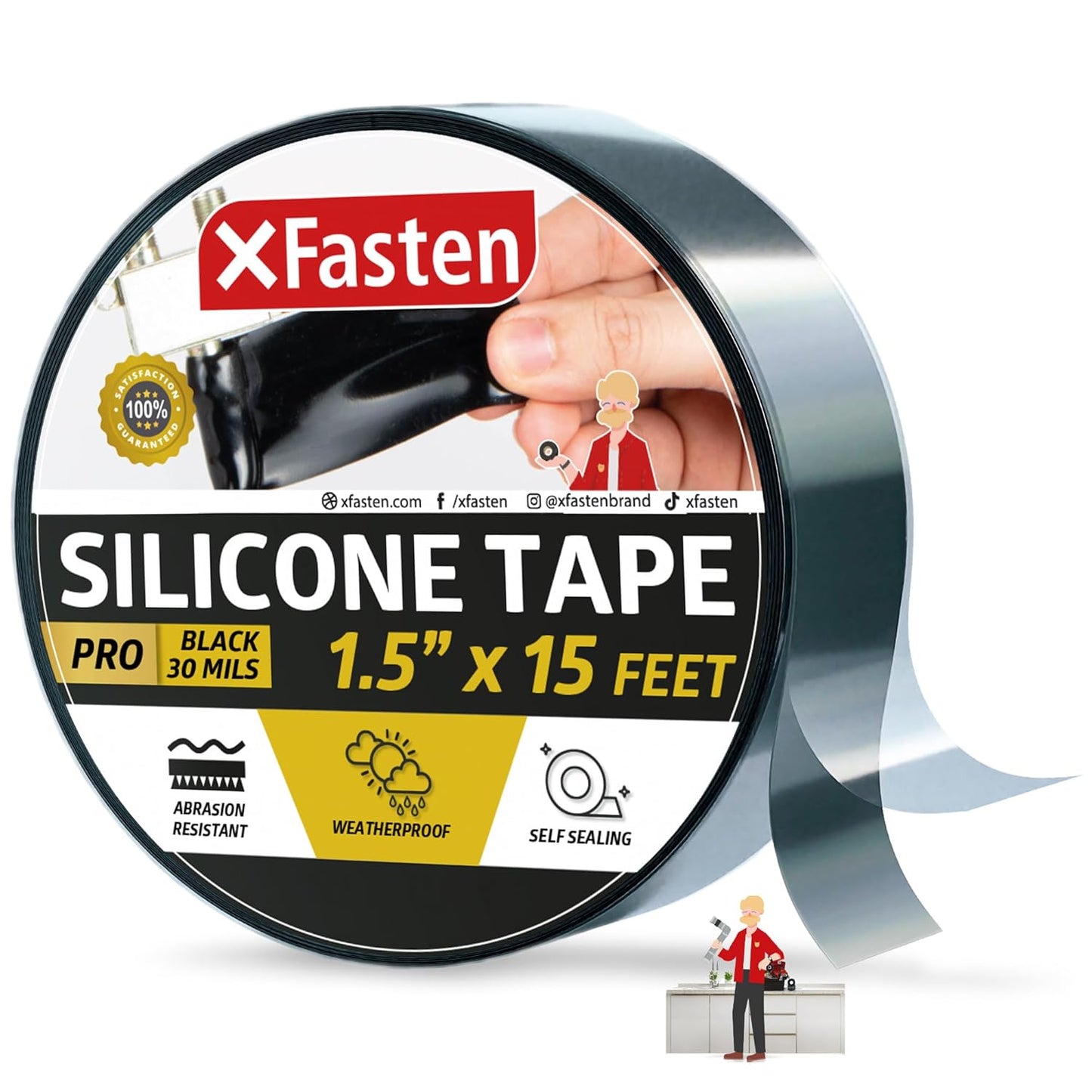 XFasten Self-fusing Silicone Tape Pro, Black, 1.5-Inch x 15-Feet, 30mils Weatherproof Silicone