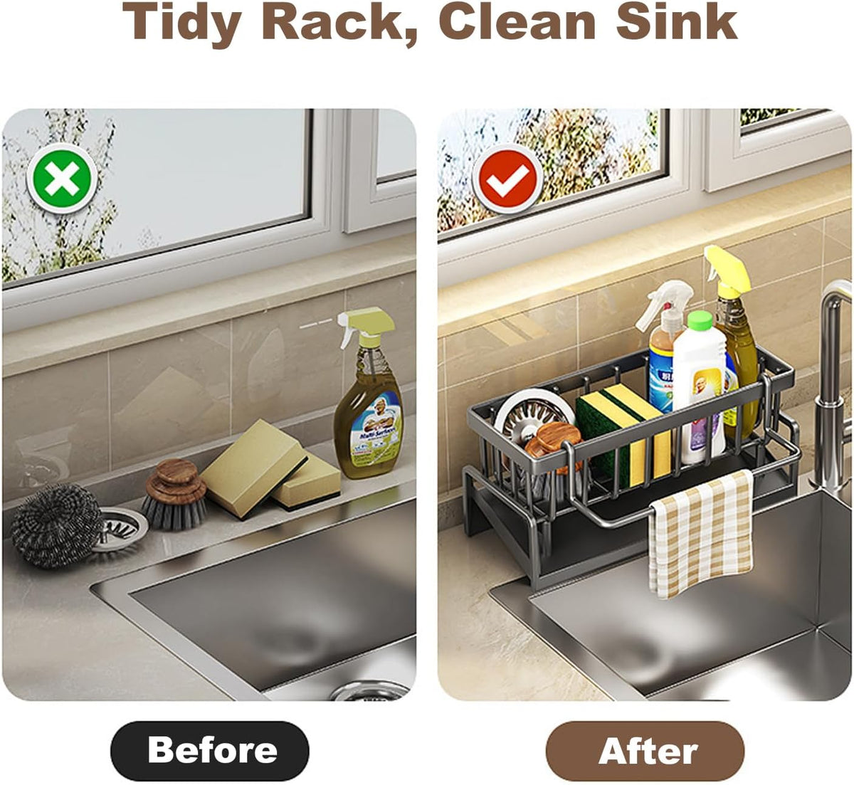 Sponge Holder for Kitchen Sink, Sink Caddy with Dishcloth Rack, Kitchen Sink Storage Rack Organizer
