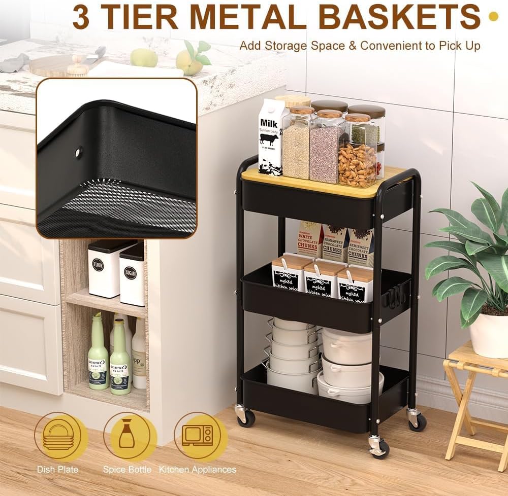 3 Tier Metal Utility Cart, Rolling Storage Cart with Wooden Tabletop, Metal Organizer Cart with