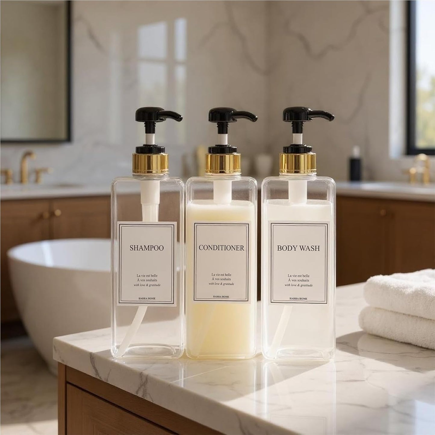 Modern Gold Design Large 27 oz Shampoo and Conditioner Dispensers - Empty Plastic Refillable Pump