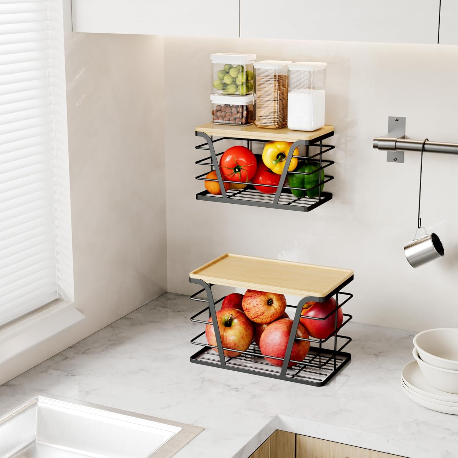2 Pack Stackable Storage Laundry Kitchen Organizers, Wall Mount Trash Bag Holder with Bamboo Top